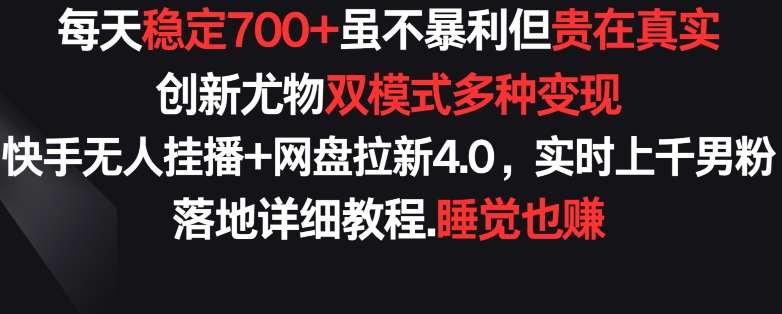 每天稳定700+，收益不高但贵在真实，创新尤物双模式多渠种变现，快手无人挂播+网盘拉新4.0【揭秘】-讯领网创