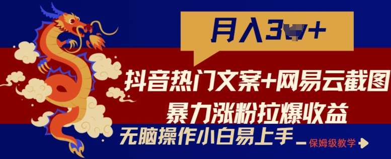 抖音热门文案+网易云截图暴力涨粉拉爆收益玩法，小白无脑操作，简单易上手【揭秘】-讯领网创