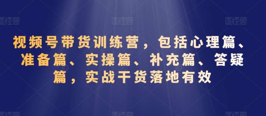 视频号带货训练营，包括心理篇、准备篇、实操篇、补充篇、答疑篇，实战干货落地有效-讯领网创