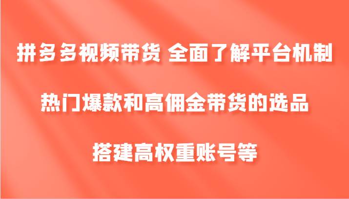 拼多多视频带货 全面了解平台机制、热门爆款和高佣金带货的选品，搭建高权重账号等-讯领网创