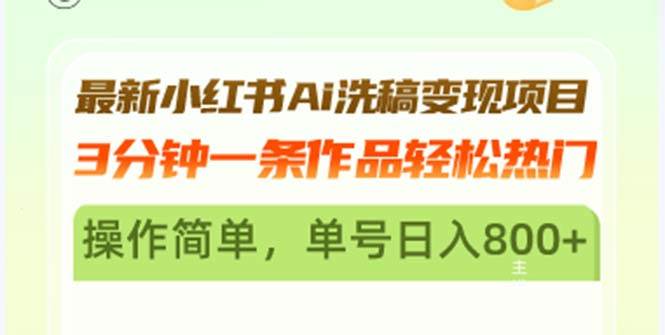 （13182期）最新小红书Ai洗稿变现项目 3分钟一条作品轻松热门 操作简单，单号日入800+-讯领网创