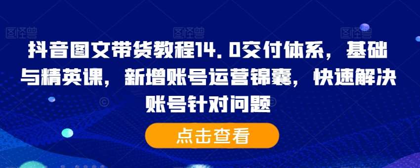 抖音图文带货教程14.0交付体系，基础与精英课，新增账号运营锦囊，快速解决账号针对问题-讯领网创